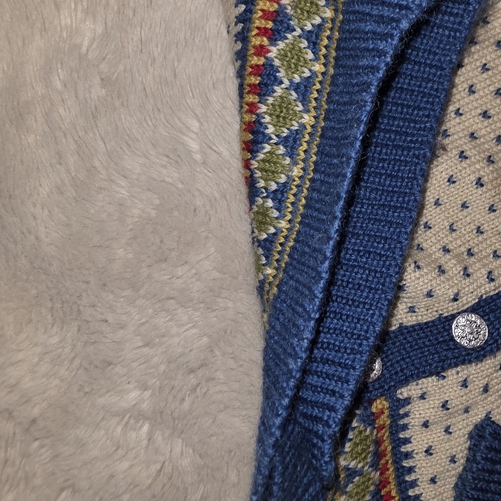 Hand Knit Nordic Knit Blue Cream Cardigan Sweater Measures To A Small. - Picture 7 of 10